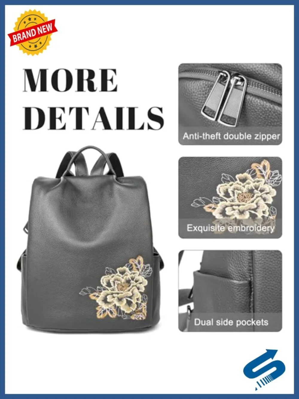 Genuine Leather Floral Embroidered Backpack Women Anti-Theft Travel